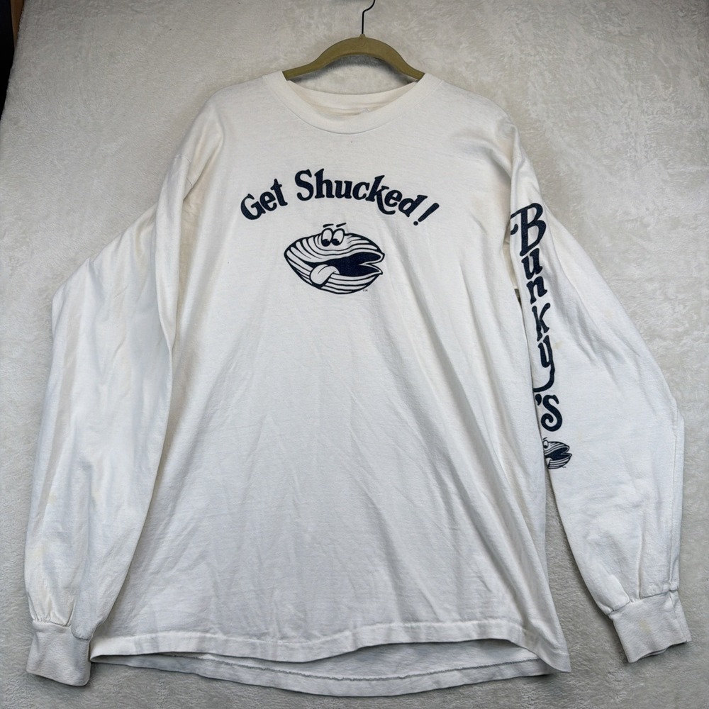 Vintage 90s Florida Get Shucked Clam T Shirt Mens XL Bunky's Raw Bar Souvenir
